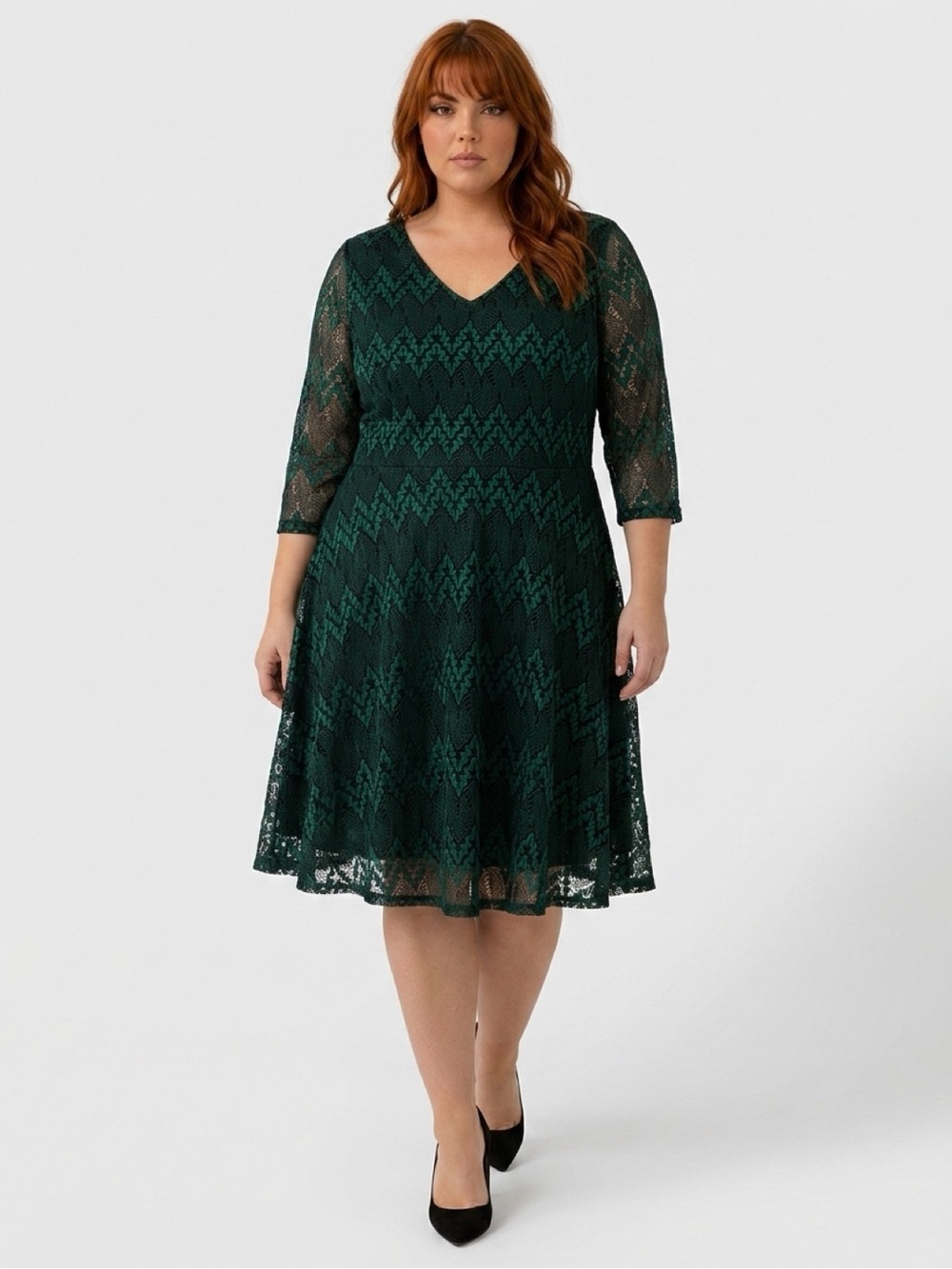 CB Established 1962 Green Lace A-Line Lined V-Neck 14 Holiday Cocktail Dress